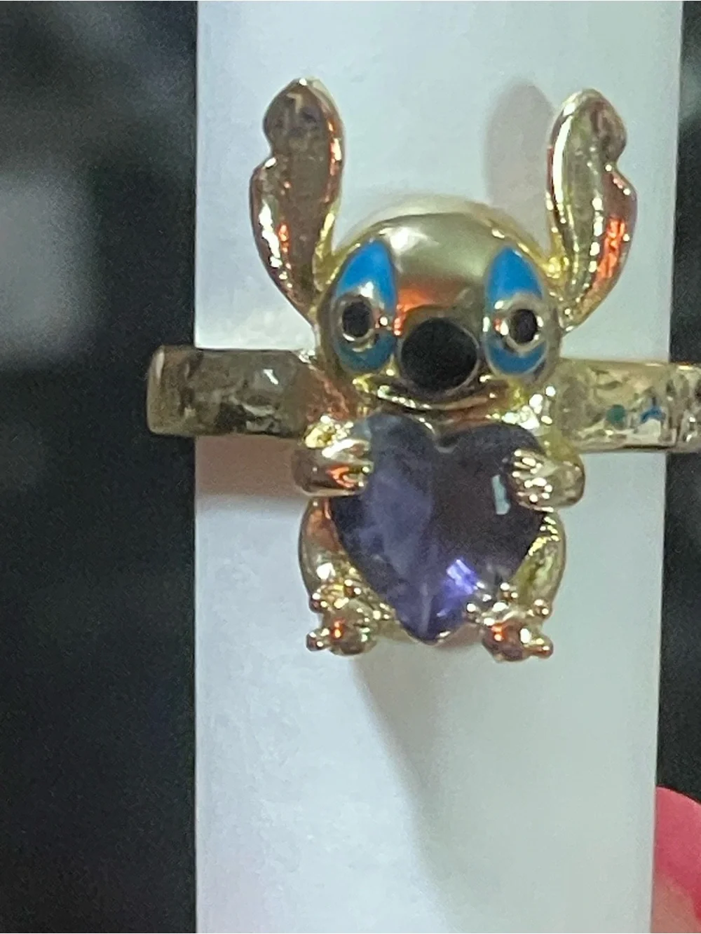 Disney Gold-Tone Stitch Ring with Purple Heart and Blue Accents